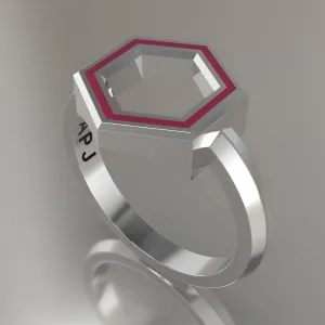 Silver Geometric Hexagon Ring, Transparent Pink Resin Solid Sterling Silver Standard Design