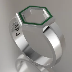 Silver Geometric Hexagon Signet Ring, Green Resin Solid Sterling Silver Standard Signet Design