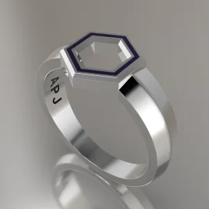 Silver Geometric Hexagon Signet Ring, Purple Resin Solid Sterling Silver Petite Signet Design