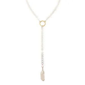 Silver leaf and quartz Y necklace