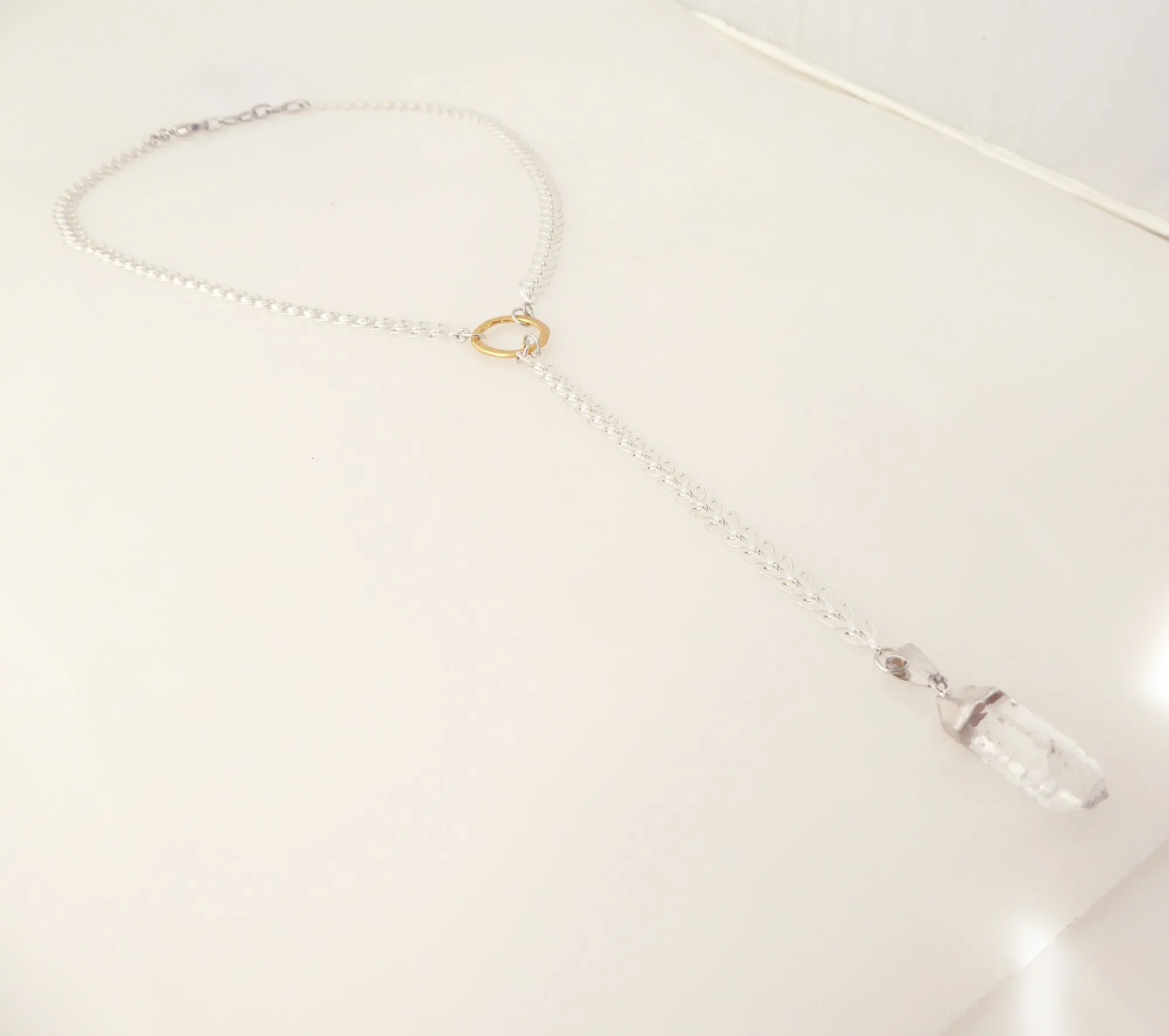 Silver leaf and quartz Y necklace