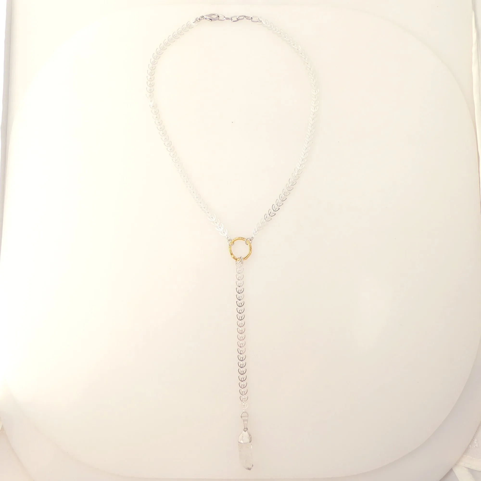 Silver leaf and quartz Y necklace