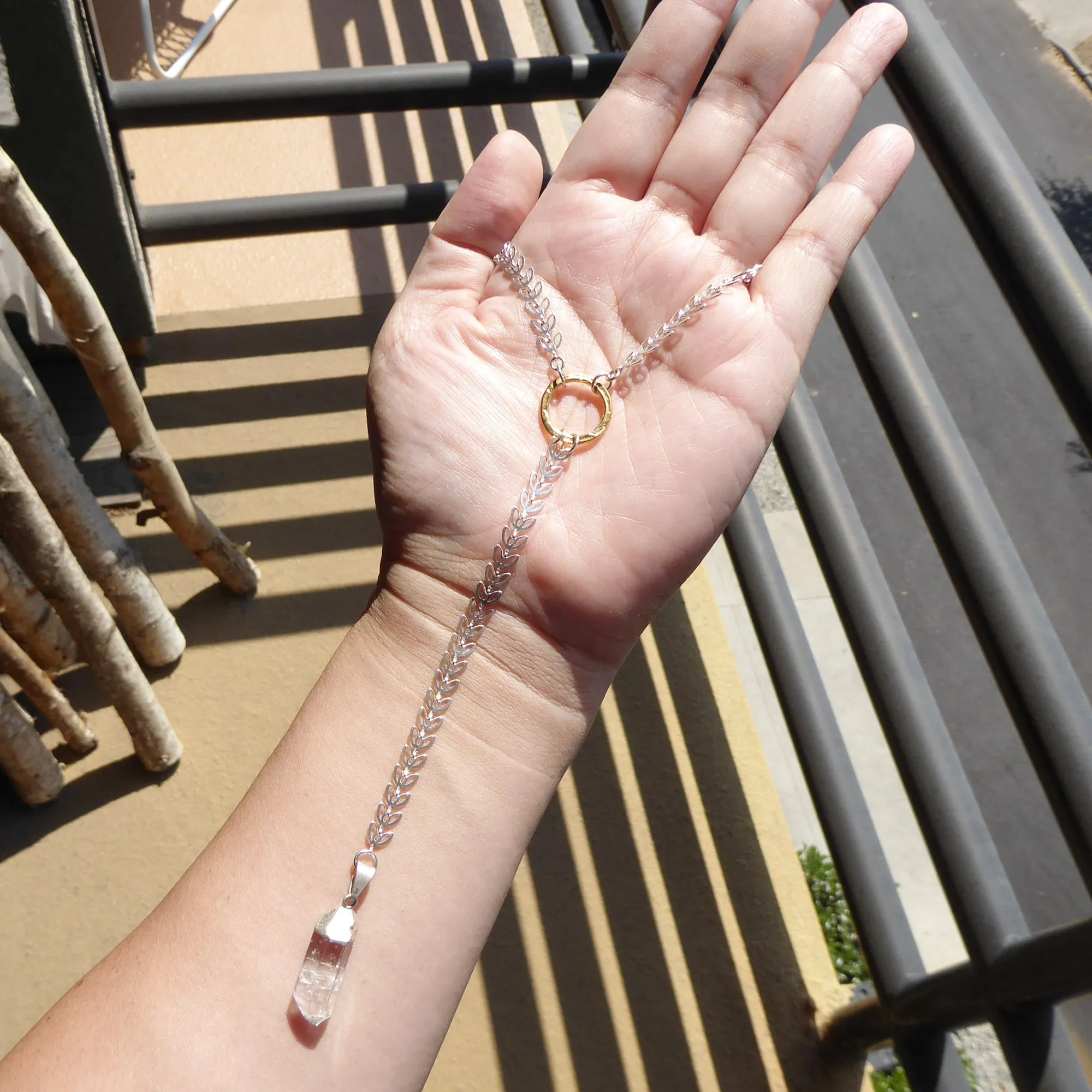 Silver leaf and quartz Y necklace