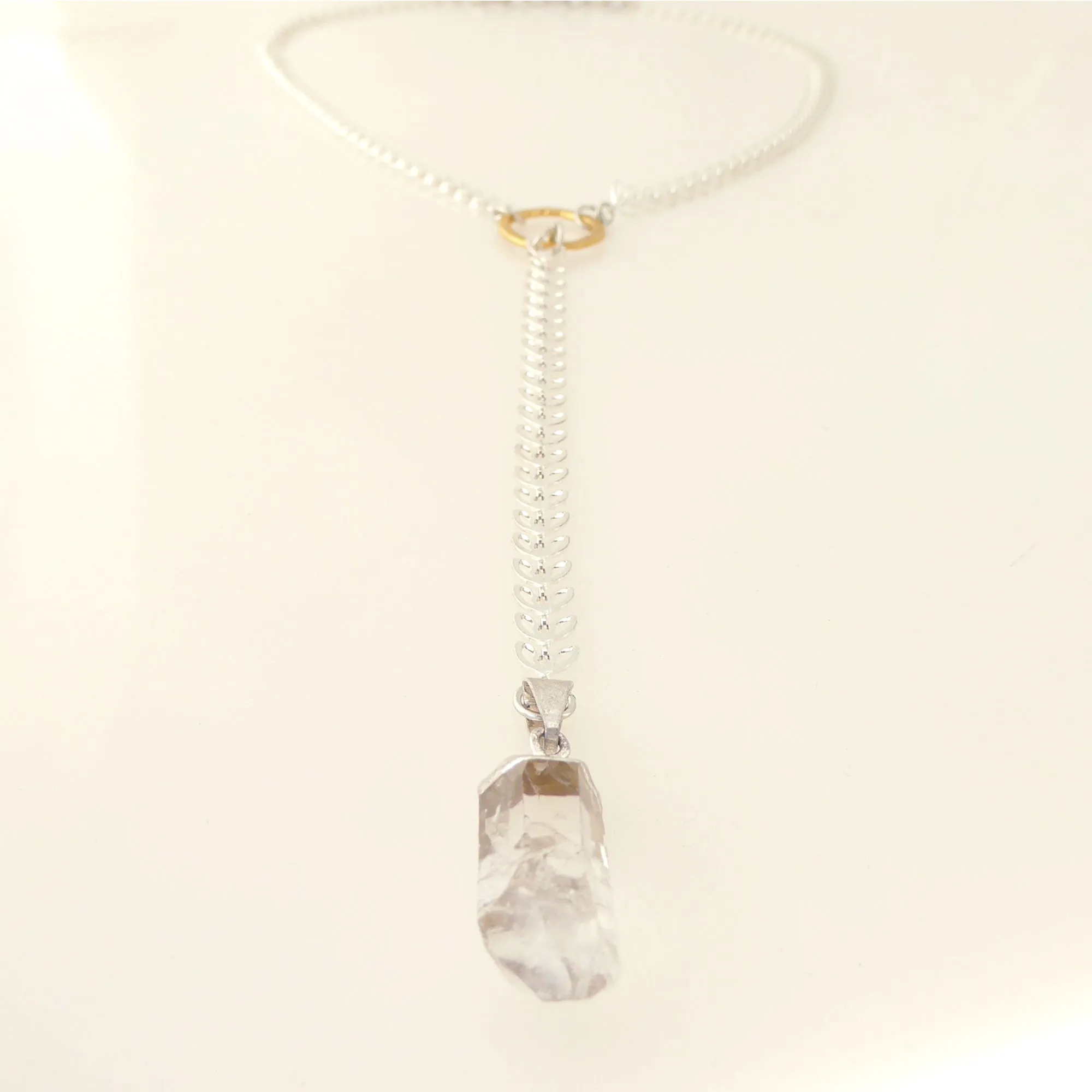 Silver leaf and quartz Y necklace