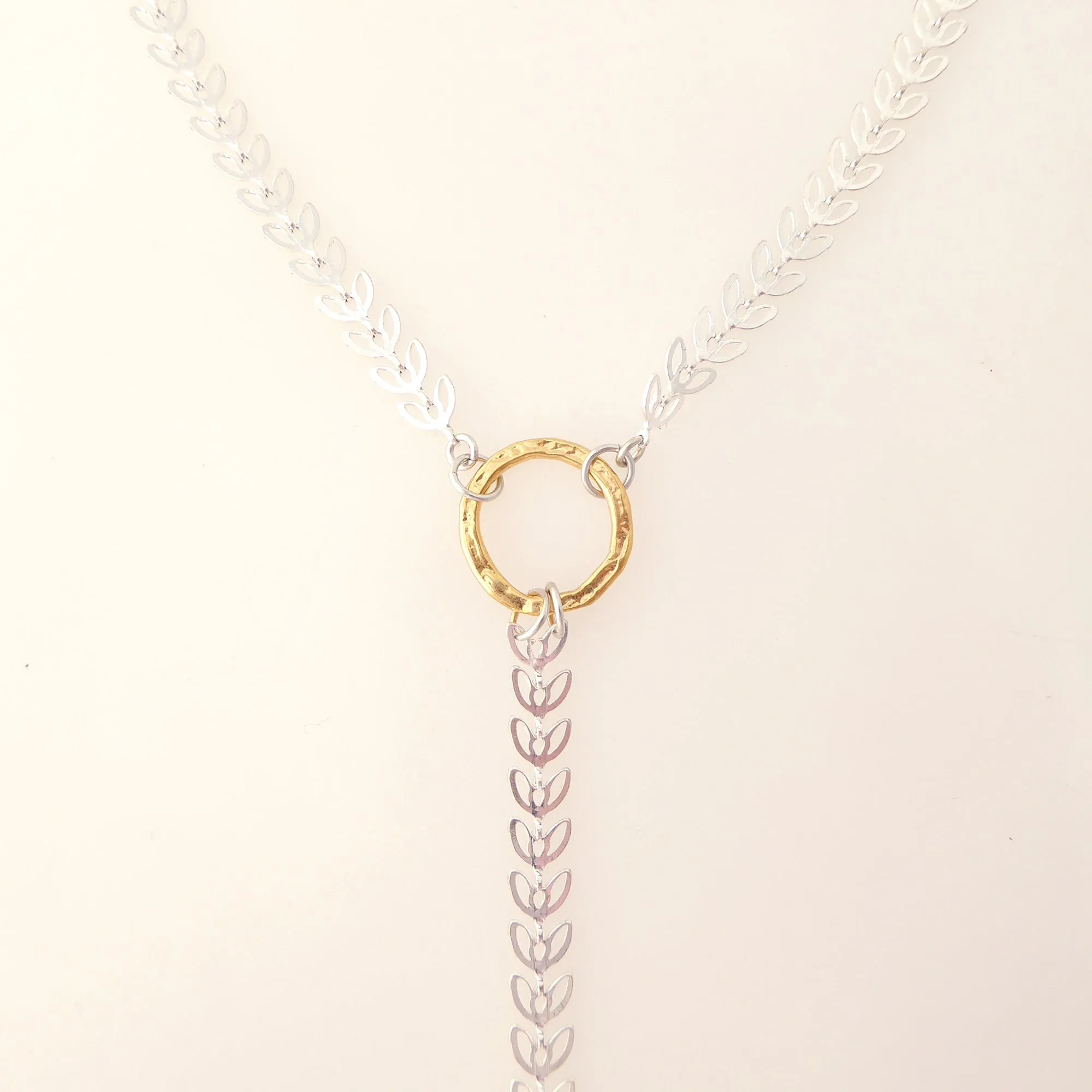 Silver leaf and quartz Y necklace