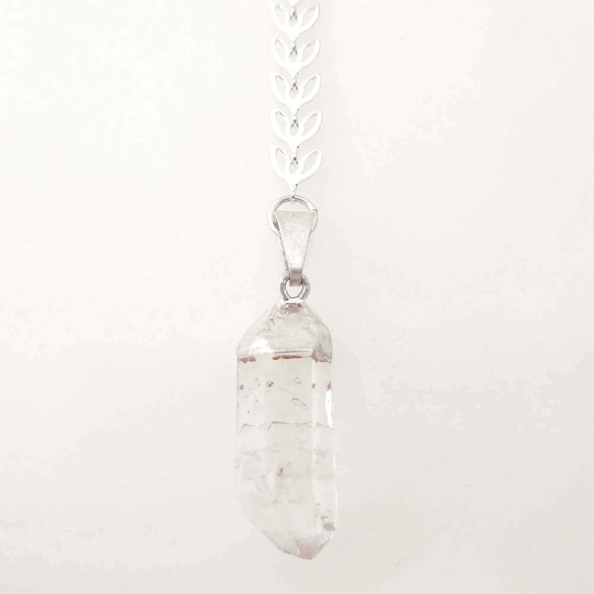 Silver leaf and quartz Y necklace