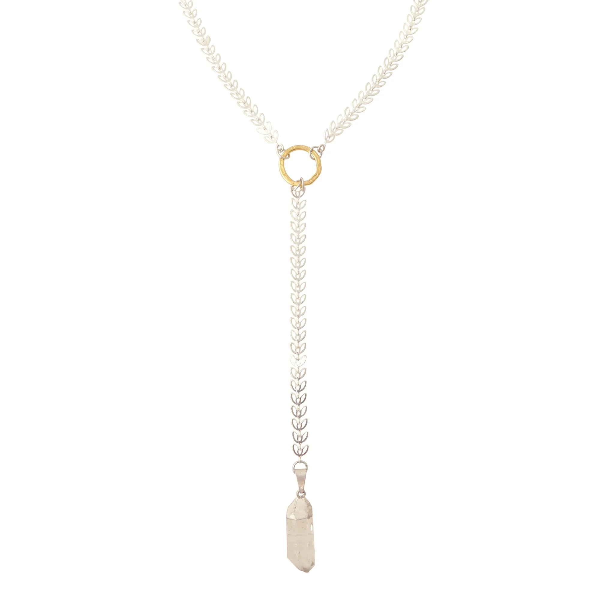 Silver leaf and quartz Y necklace