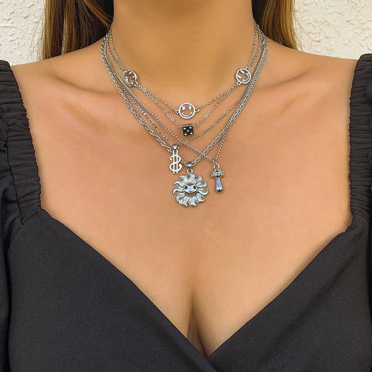 Silver-Plated Smiley & Sun Pendant Necklace Set