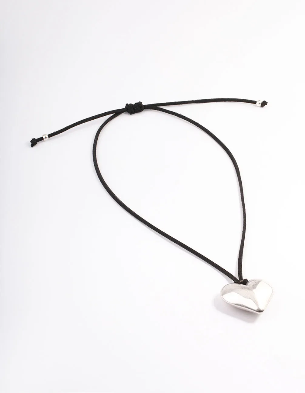 Silver Puffy Heart Black Suede Adjustable Cord Necklace