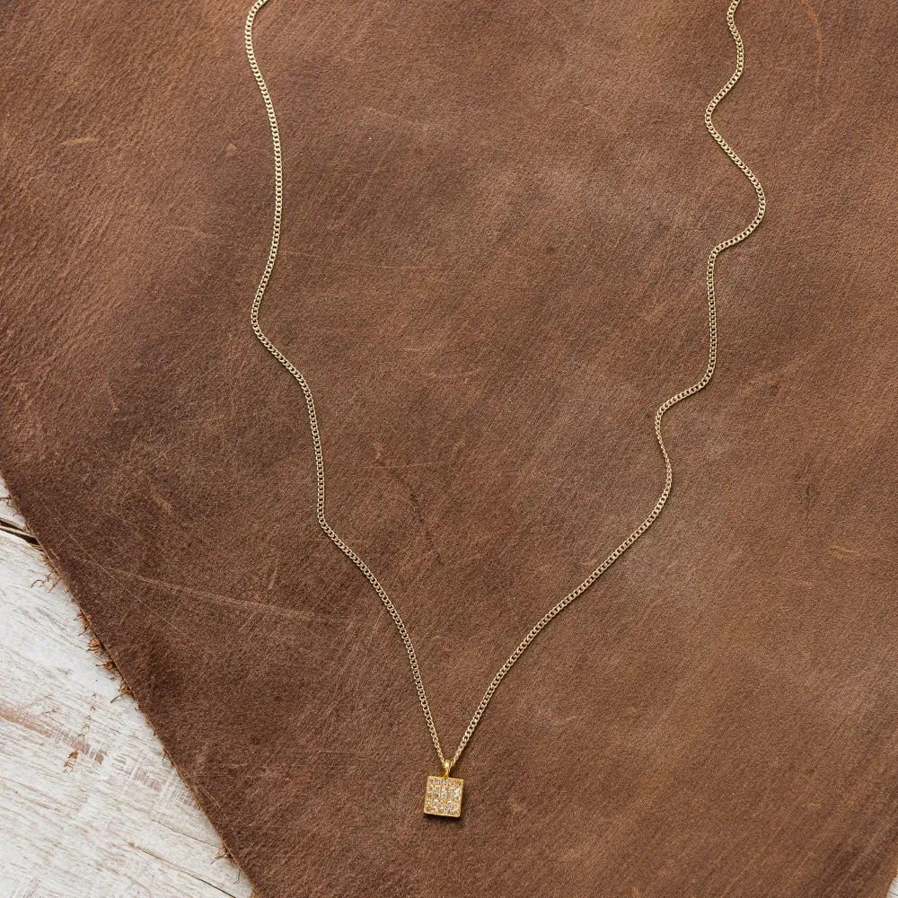 Small Pavé Diamond Square on Curb Chain in Gold