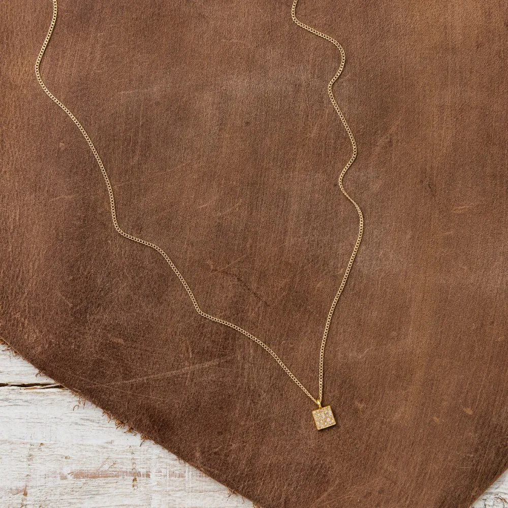 Small Pavé Diamond Square on Curb Chain in Gold