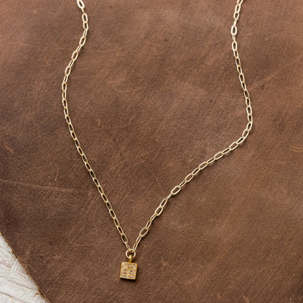 Small Pavé Diamond Square on Paperclip Chain in Gold