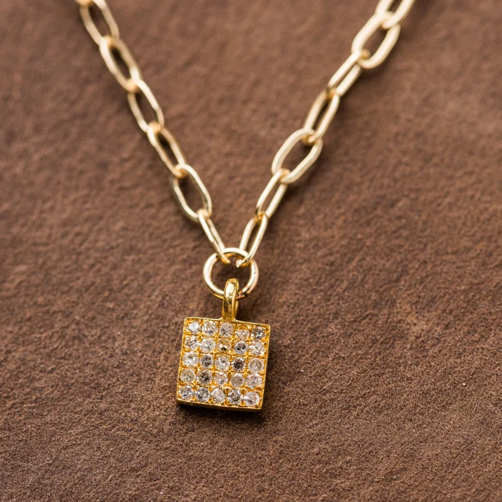 Small Pavé Diamond Square on Paperclip Chain in Gold