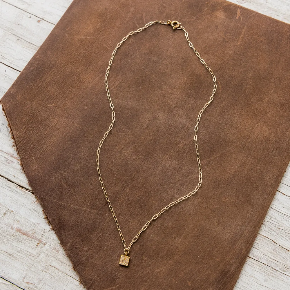 Small Pavé Diamond Square on Paperclip Chain in Gold