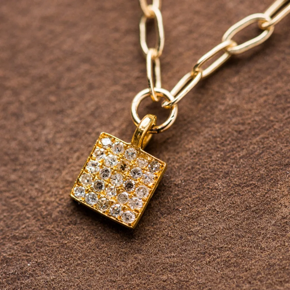 Small Pavé Diamond Square on Paperclip Chain in Gold