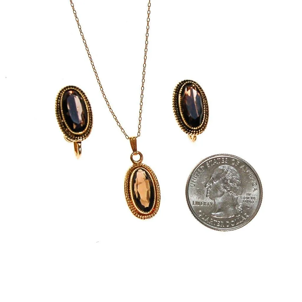 Smokey Topaz Pendant Necklace, Earrings Set, Demi Parure, Delicate, Oval Shape, 1/20 12kt Gold Filled, Screw Back Earrings