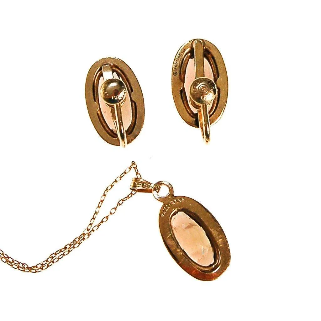 Smokey Topaz Pendant Necklace, Earrings Set, Demi Parure, Delicate, Oval Shape, 1/20 12kt Gold Filled, Screw Back Earrings