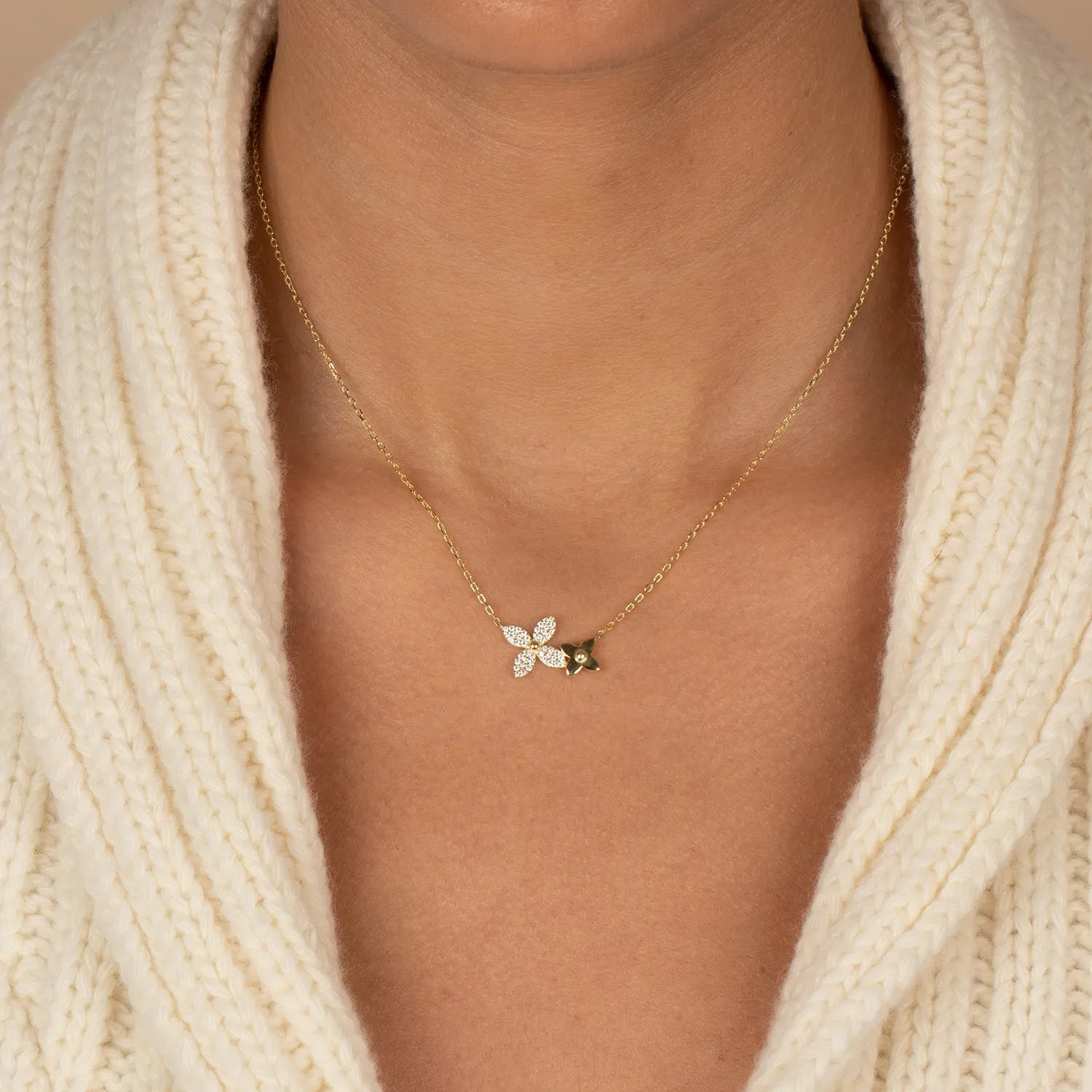 Solid/Pave Double Flower Pendant Necklace