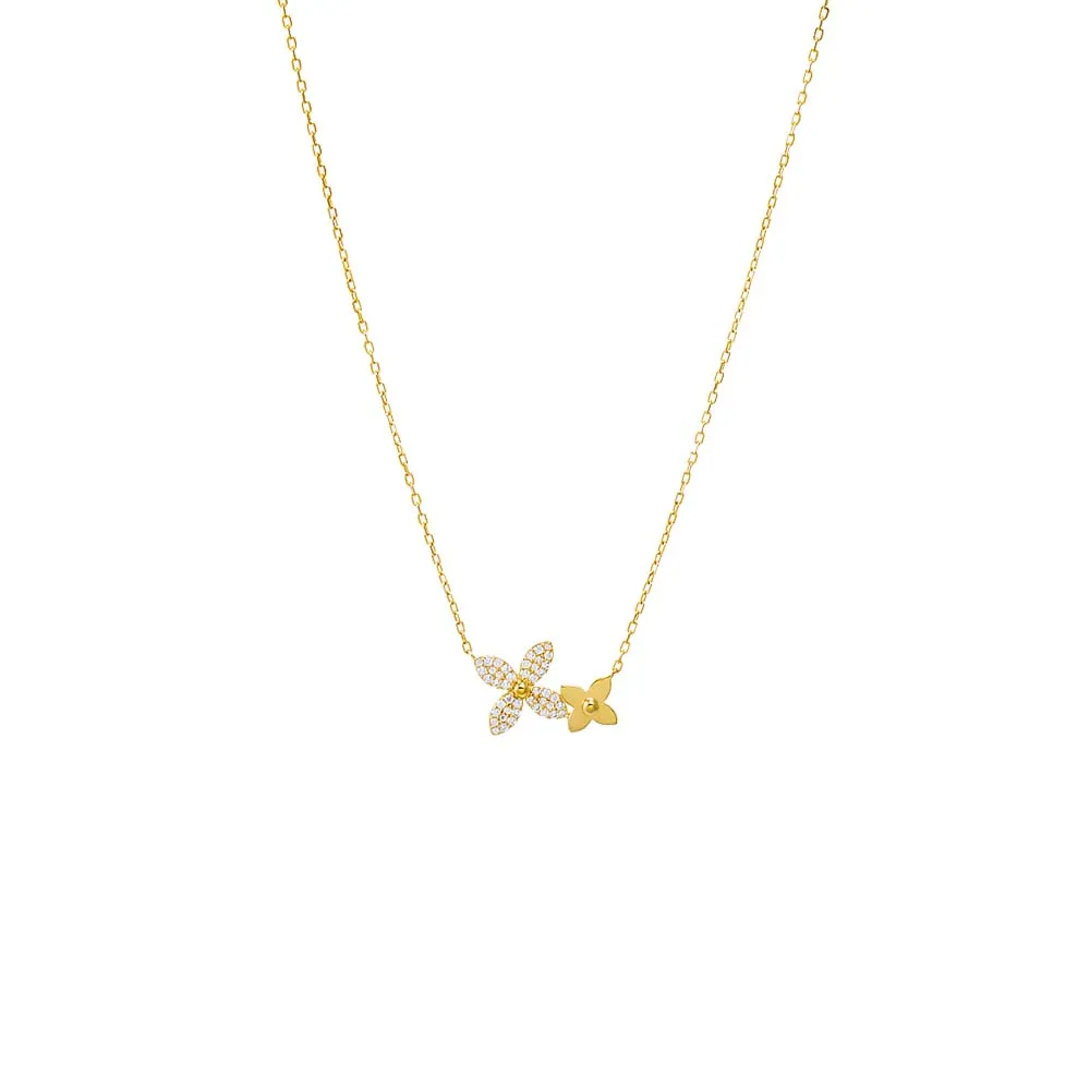 Solid/Pave Double Flower Pendant Necklace