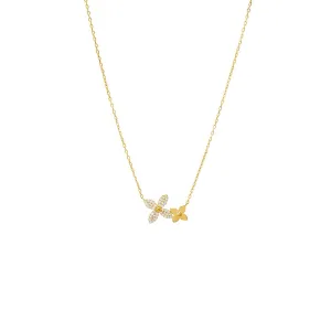 Solid/Pave Double Flower Pendant Necklace