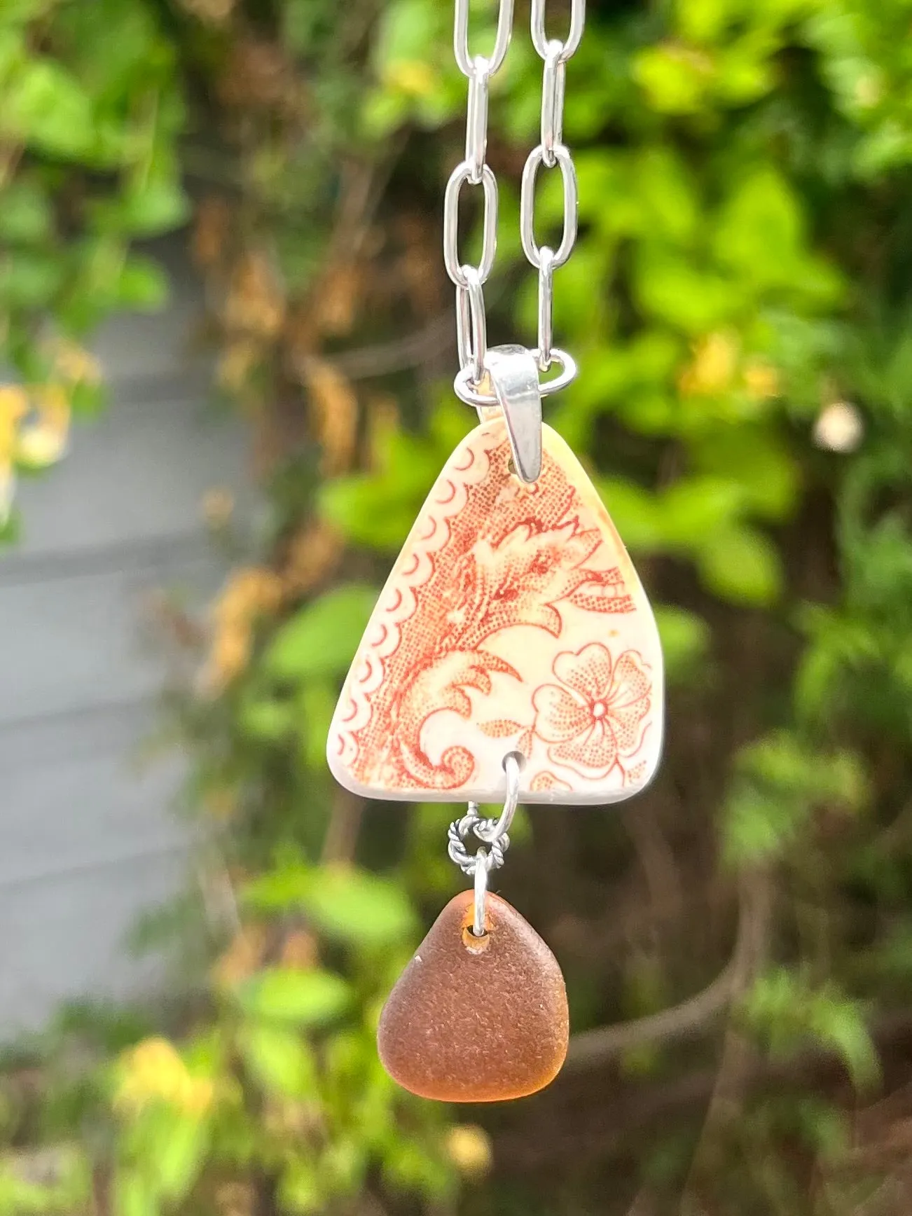 Spain Pottery and Sea Glass Necklace in Amber