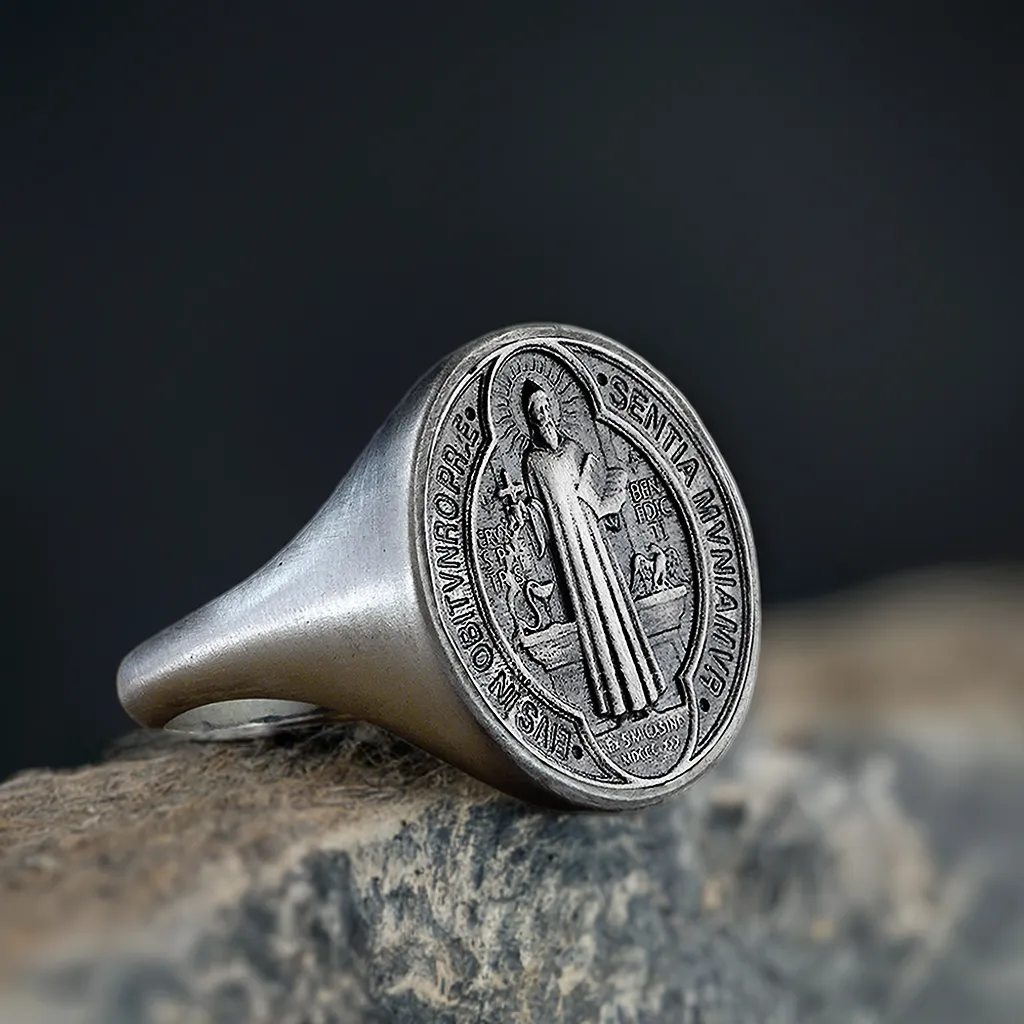 St. Benedict Men’s Christian Religious 925 Silver Ring