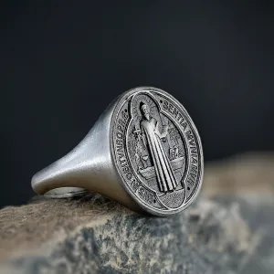 St. Benedict Men’s Christian Religious 925 Silver Ring