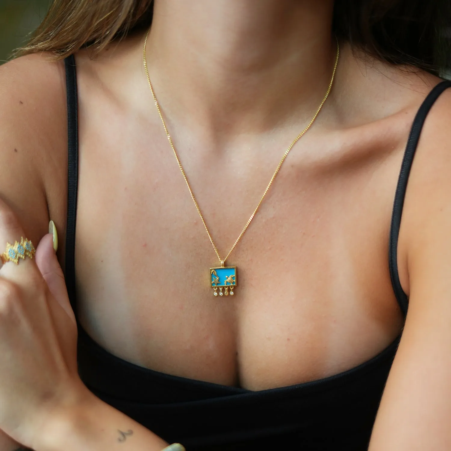 Starfish Ocean Spirit Animal Turquoise & Gold Pendant Chain Necklace