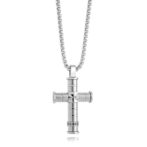 Steel Brushed Polished Black CZ Cross Necklace