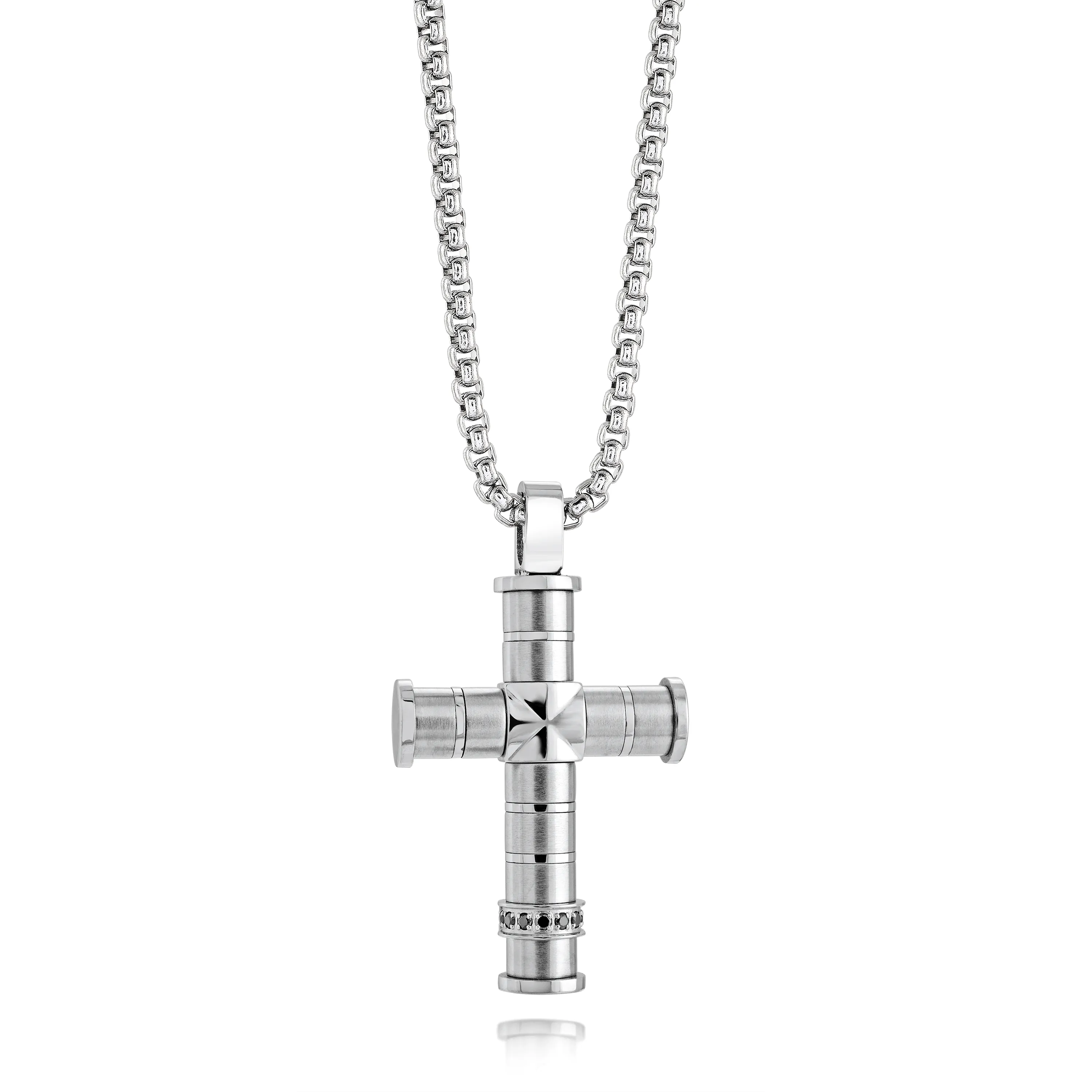 Steel Brushed Polished Black CZ Cross Necklace