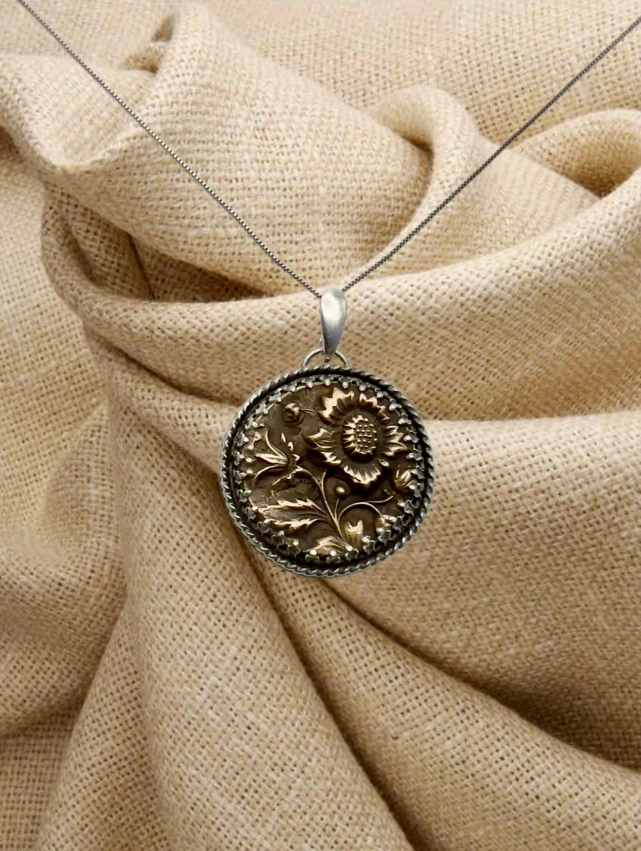 Sterling and Bronze Textured Flower Pendant