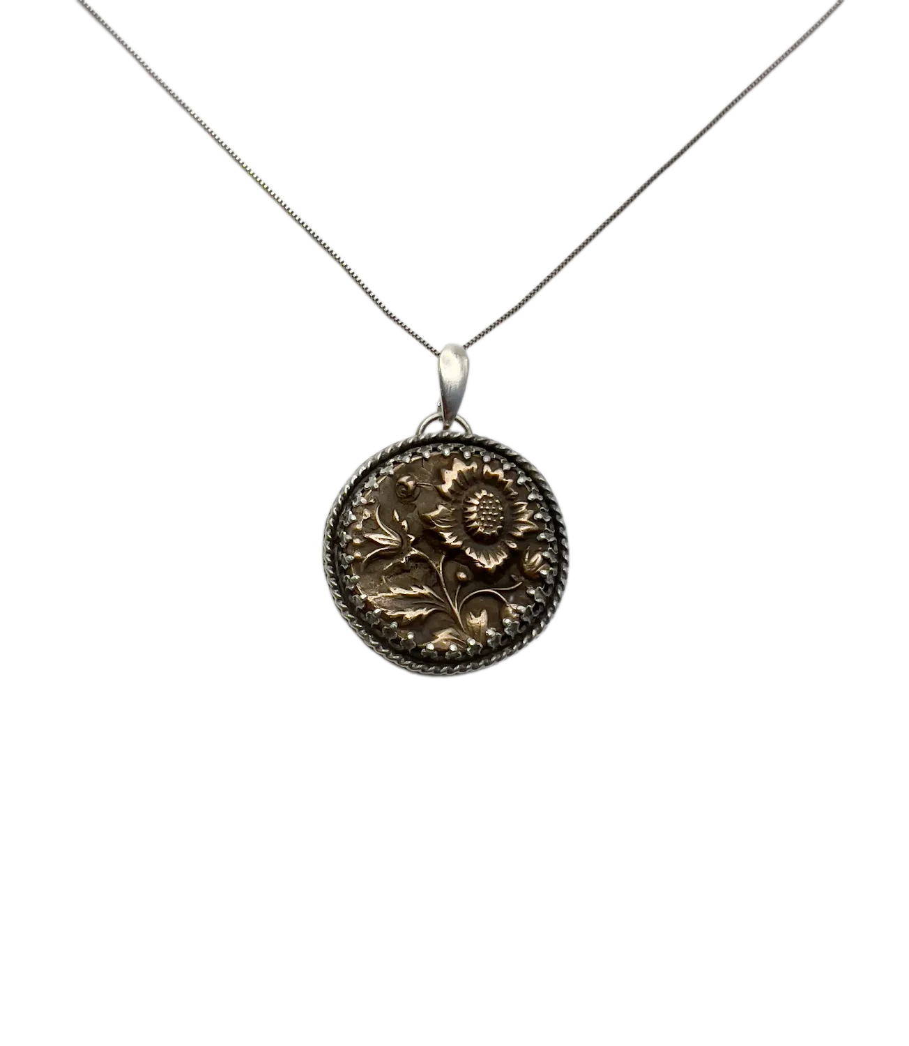 Sterling and Bronze Textured Flower Pendant