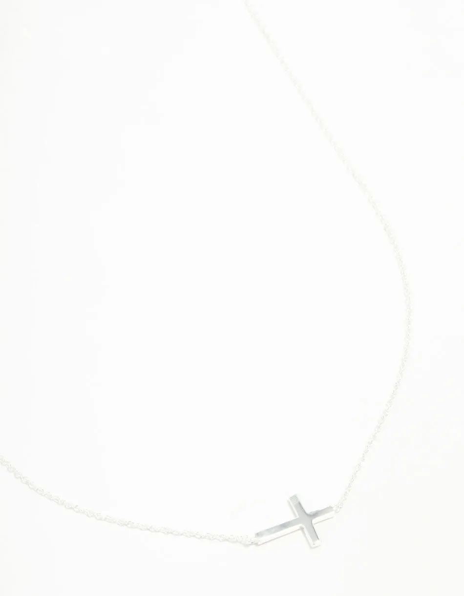 Sterling Silver Large Horizontal Cubic Zirconia Cross Necklace