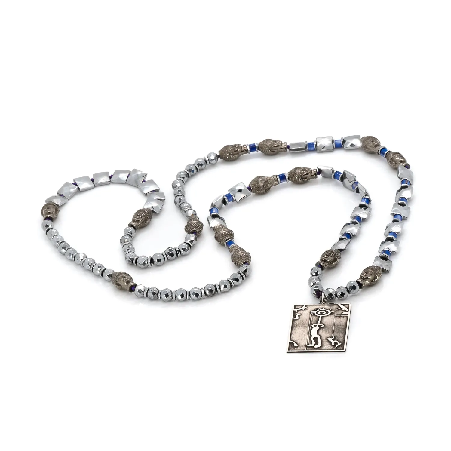 Sterling Silver Spiritual Shaman Pendant Silver Hematite & Buddha Beaded Necklace