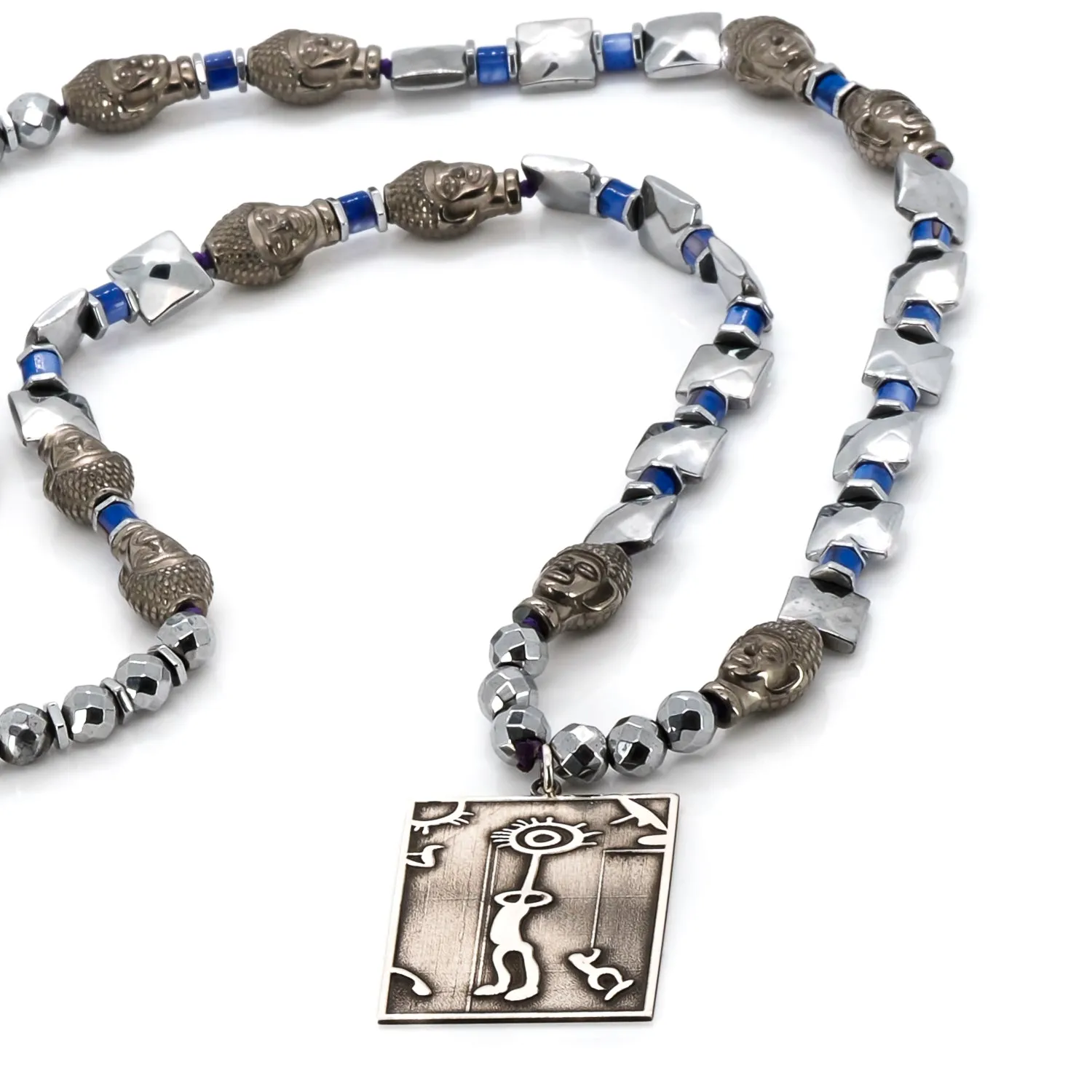 Sterling Silver Spiritual Shaman Pendant Silver Hematite & Buddha Beaded Necklace