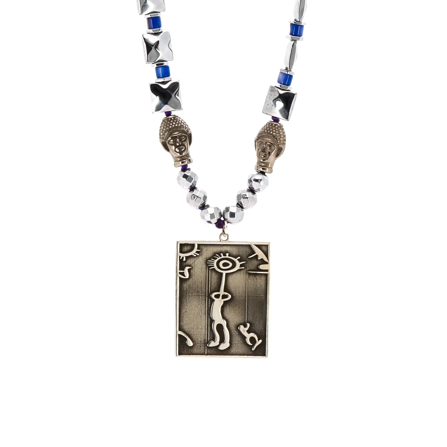 Sterling Silver Spiritual Shaman Pendant Silver Hematite & Buddha Beaded Necklace