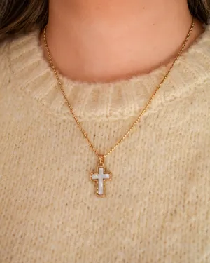 STONE CROSS CHARM NECKLACE - GOLD