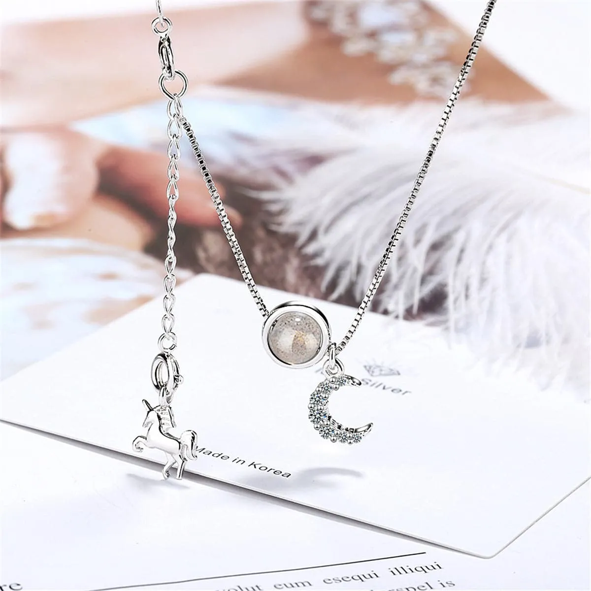 Strawberry Red Crystal & Cubic Zirconia Moon & Unicorn Pendant Necklace