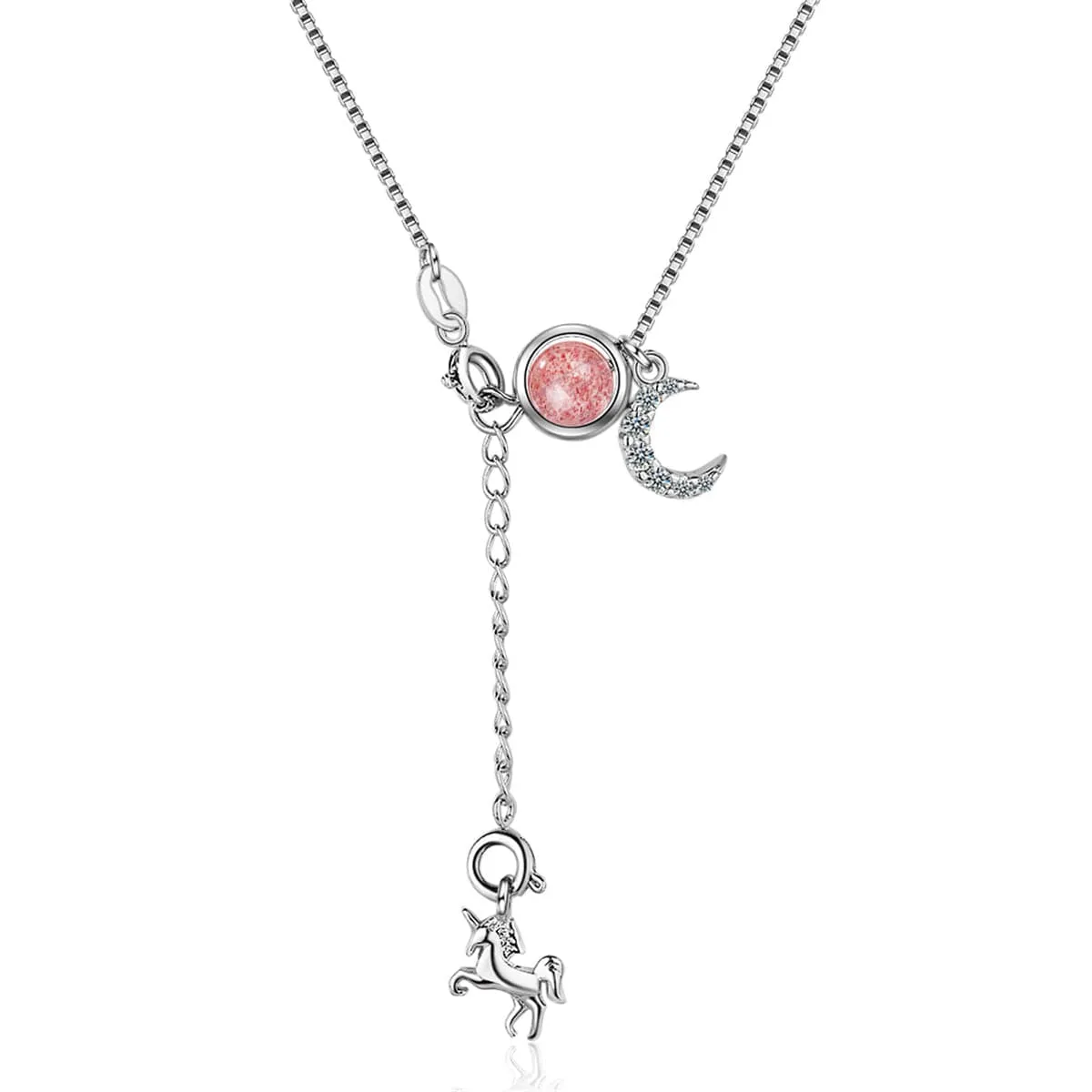 Strawberry Red Crystal & Cubic Zirconia Moon & Unicorn Pendant Necklace