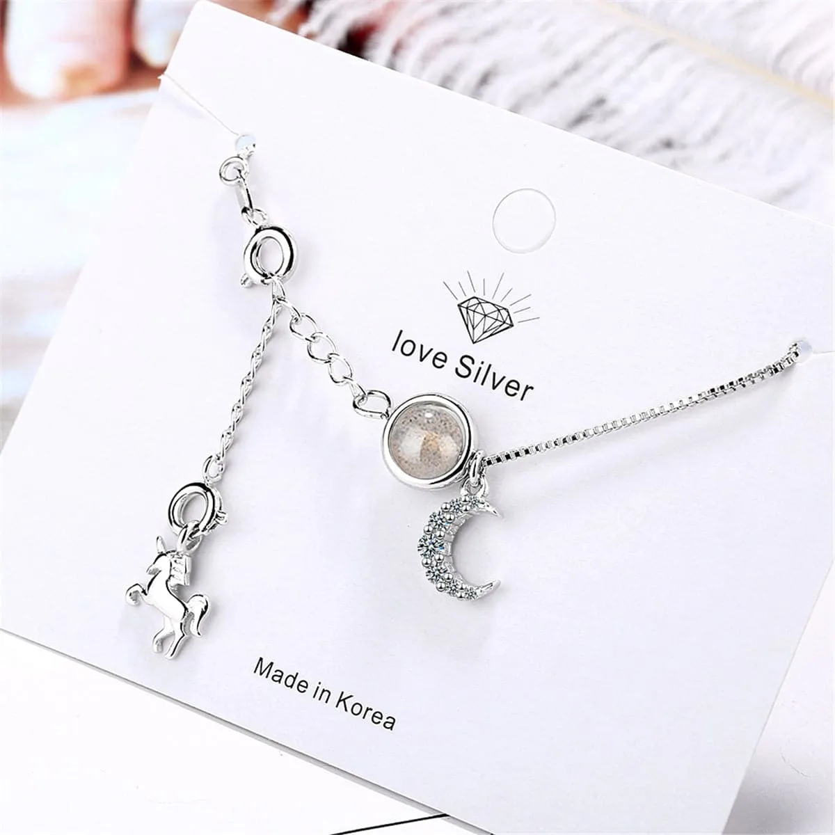 Strawberry Red Crystal & Cubic Zirconia Moon & Unicorn Pendant Necklace