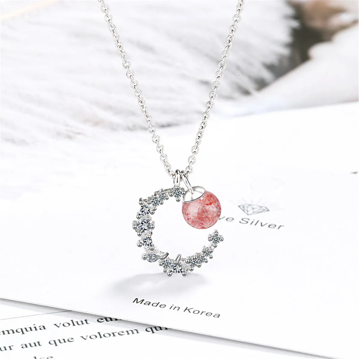 Strawberry Red Crystal & Cubic Zirconia Moon Pendant Necklace