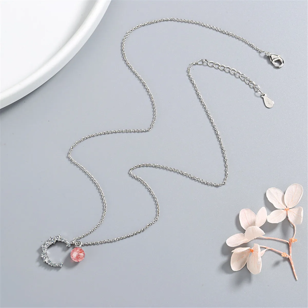 Strawberry Red Crystal & Cubic Zirconia Moon Pendant Necklace