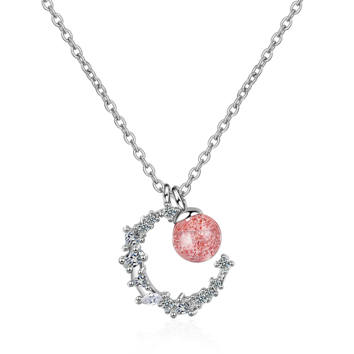 Strawberry Red Crystal & Cubic Zirconia Moon Pendant Necklace