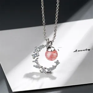 Strawberry Red Crystal & Cubic Zirconia Moon Pendant Necklace