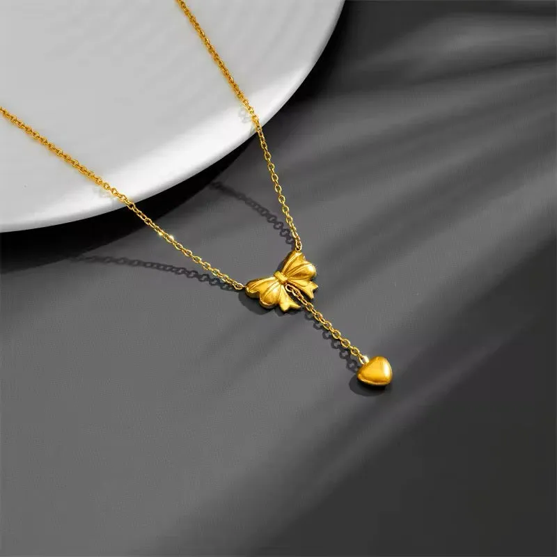 Sweetheart Girls Set: Bowknot Heart Tassels Charm Choker Necklace and Earrings