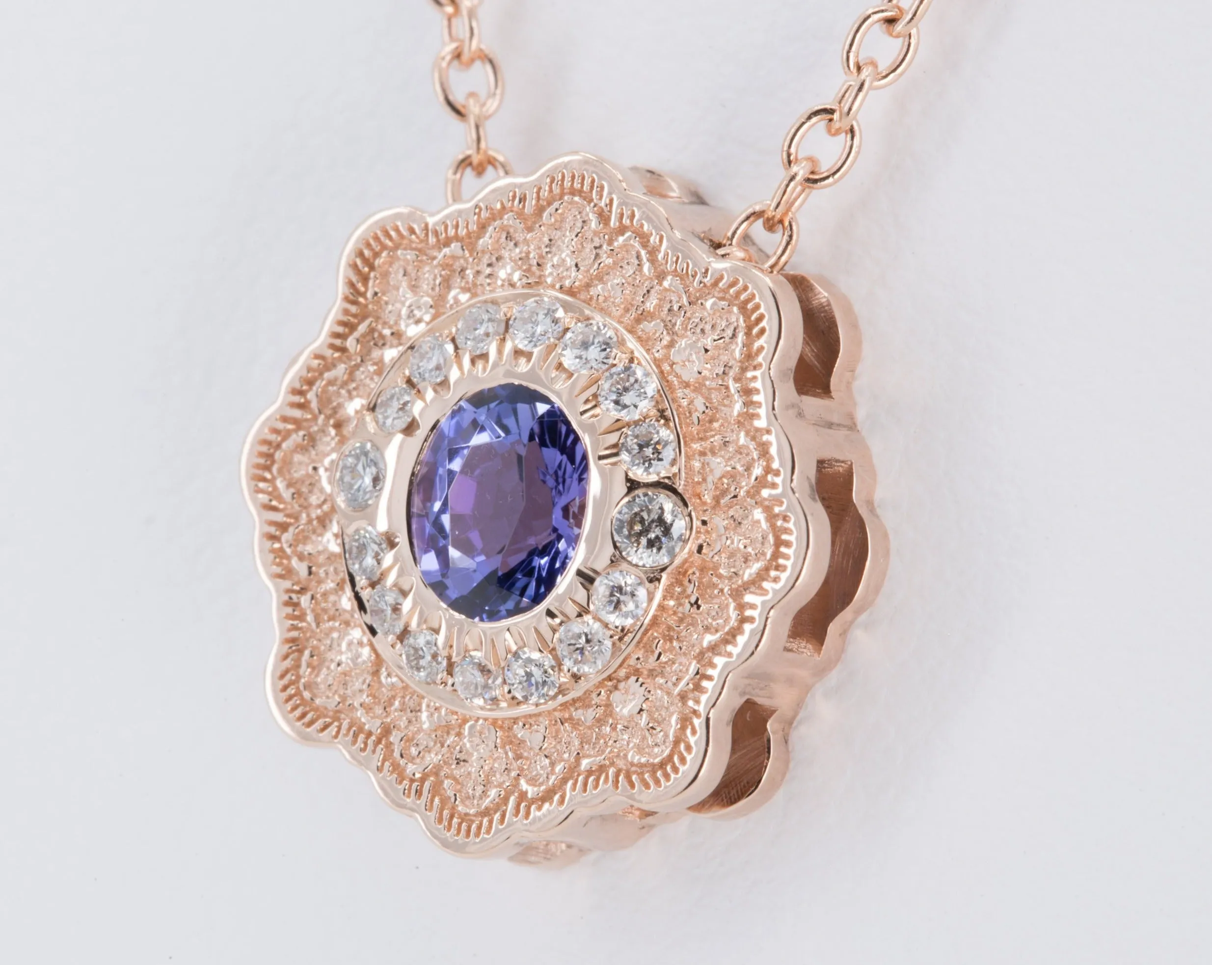 Tanzanite and Diamond Lace Pendant in 14K Rose Gold