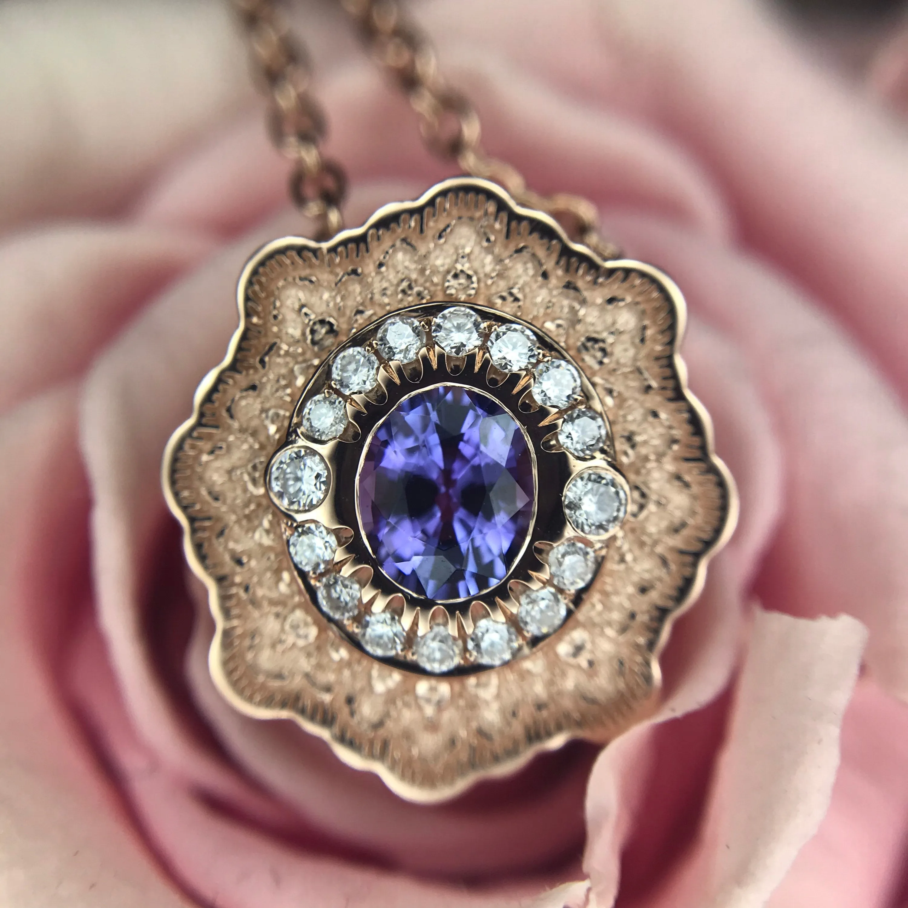Tanzanite and Diamond Lace Pendant in 14K Rose Gold