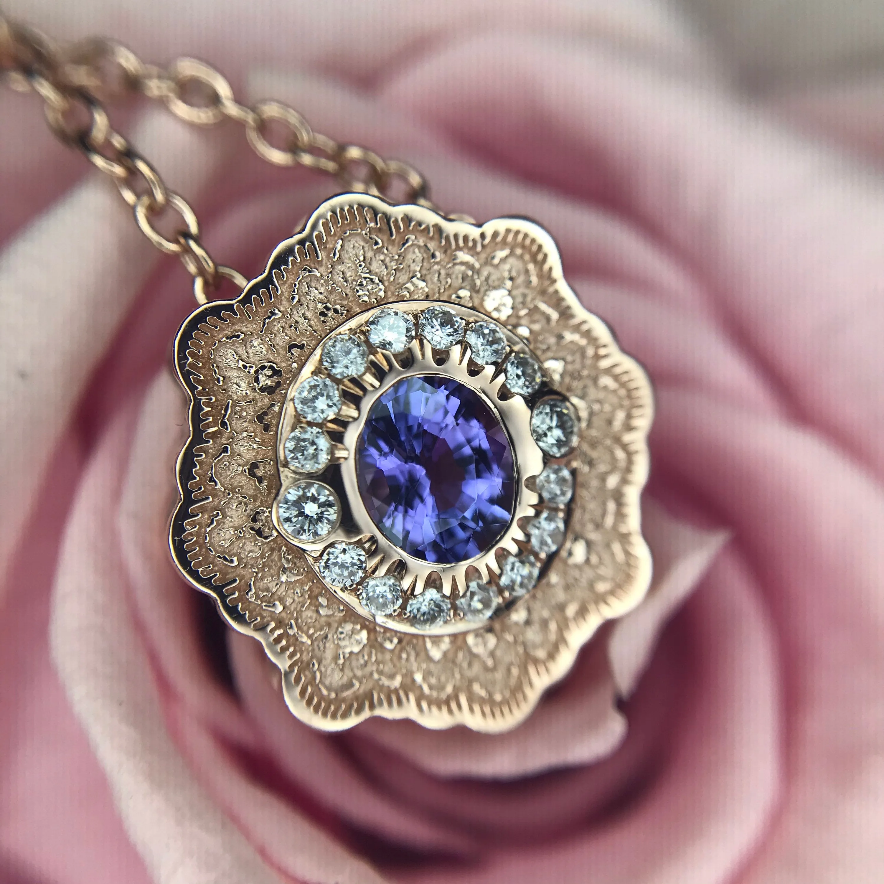 Tanzanite and Diamond Lace Pendant in 14K Rose Gold