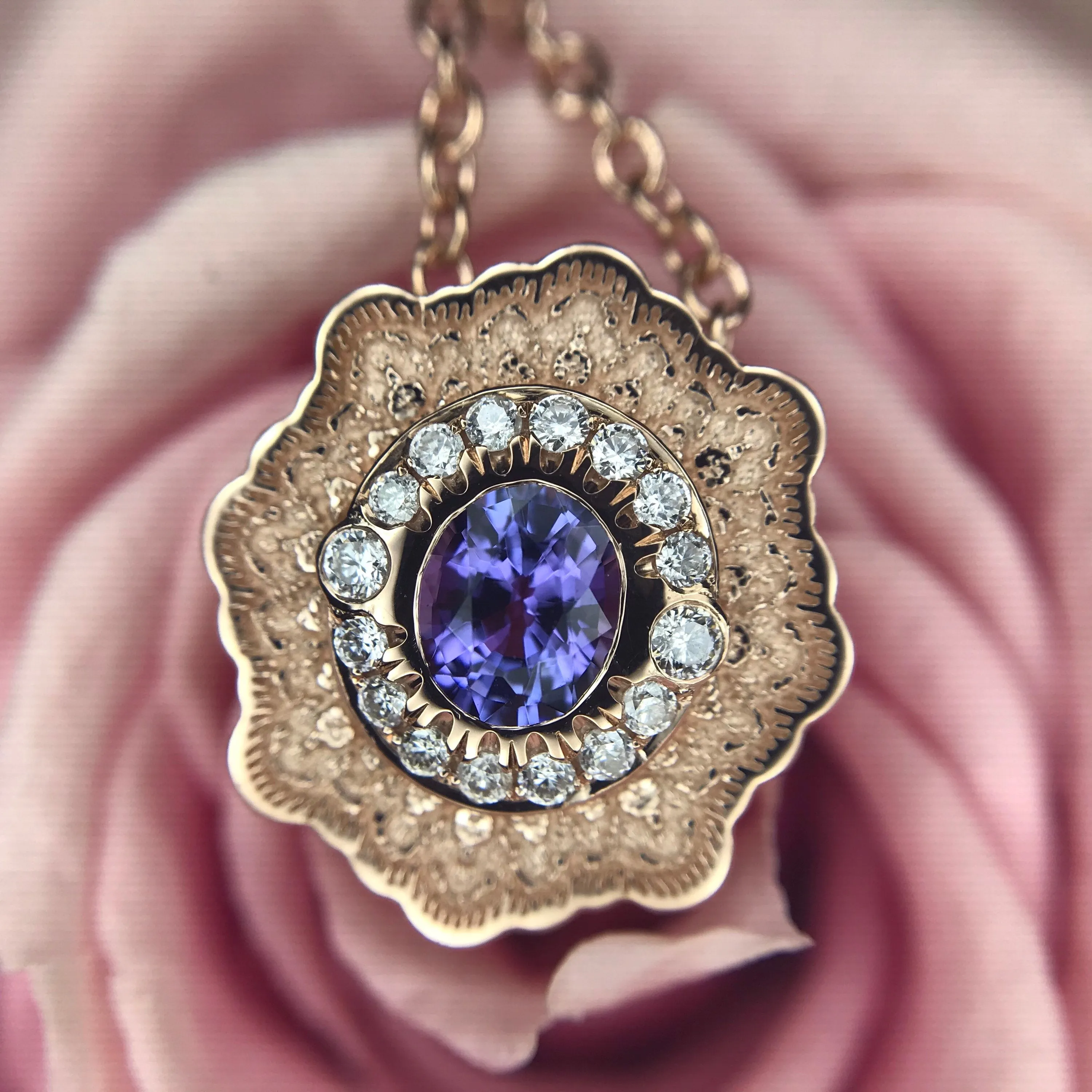 Tanzanite and Diamond Lace Pendant in 14K Rose Gold