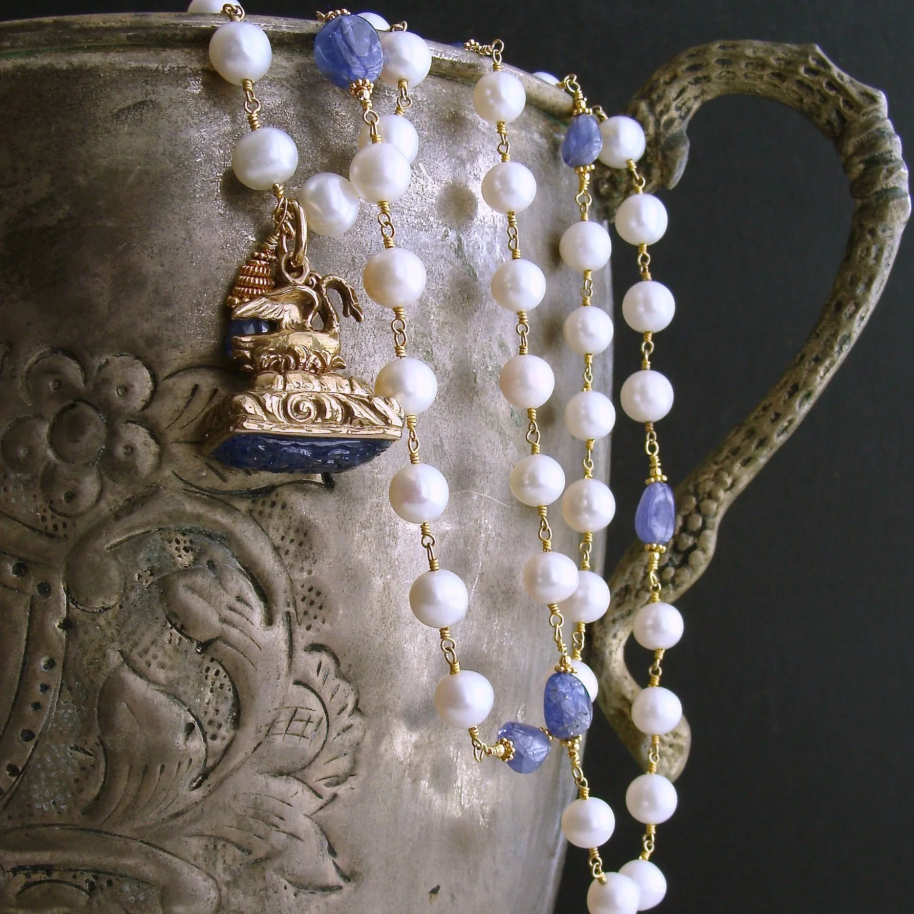 Tanzanite Nuggets and Freshwater Pearls Hand Carved Tanzanite Swan Fob Necklace - Étaín II Necklace